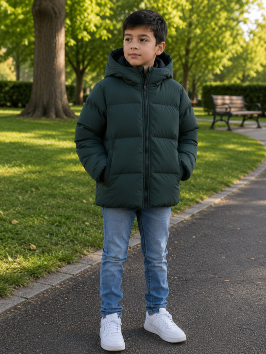 Boys Hooded Puffer Jacket – Green | Winter Coat | Ages 3–10