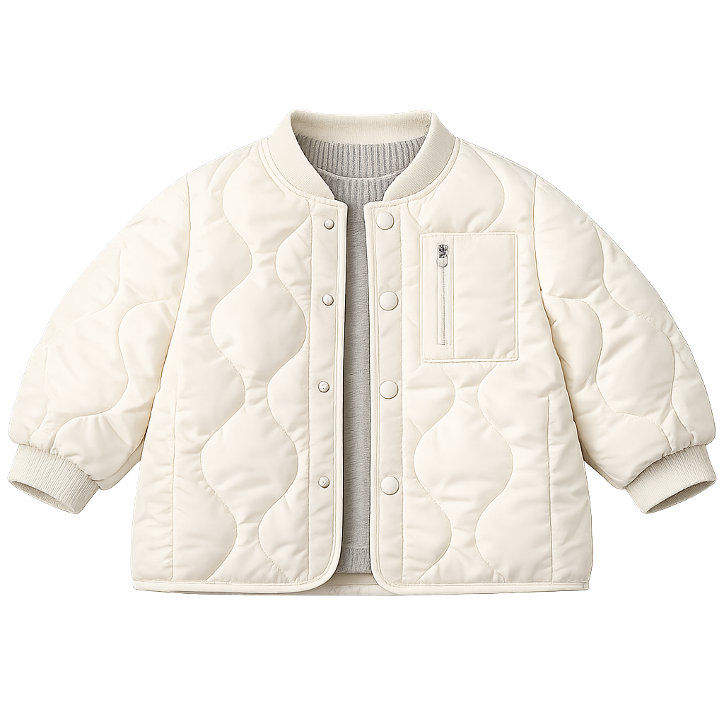 Cream quilted lightweight boys jacket, zip chest pocket, snap placket, ages 2–6