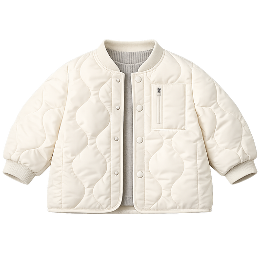 Cream quilted lightweight boys jacket, zip chest pocket, snap placket, ages 2–6