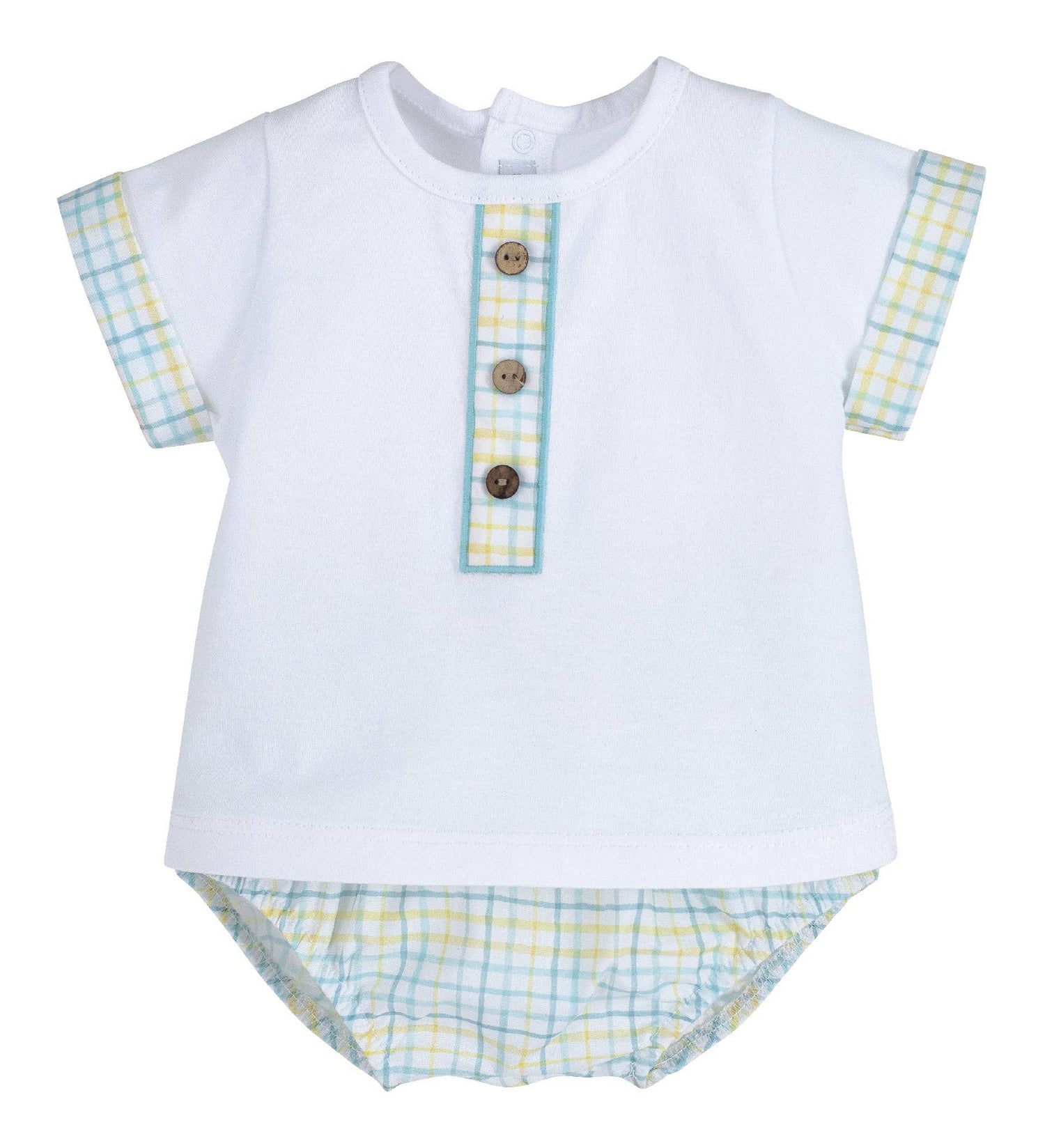 Baby boys romper set with white top and light blue plaid trim, button placket