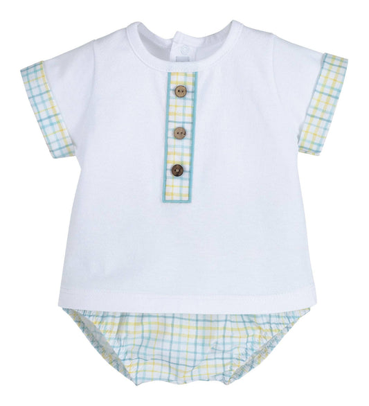 Baby boys romper set with white top and light blue plaid trim, button placket