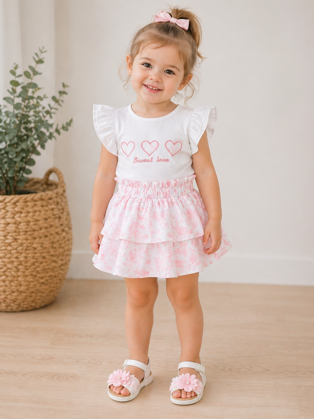 Toddler girls white ruffle-sleeve top with heart print and pink frill skirt set