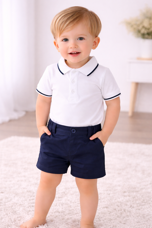 White Polo Bodysuit & Navy Shorts Set – Baby Boys (12–36 Months) *Online Product