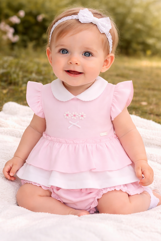 Amore Baby Girls Pink Frill Romper Dress with Bloomers