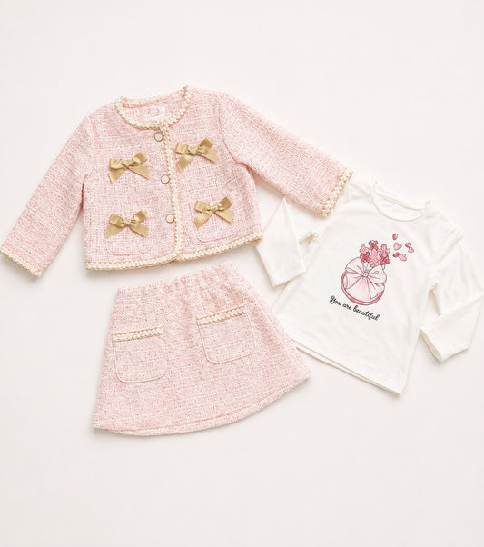 Giorgio Bambino pink tweed skirt set with bow-trim jacket, pleated skirt, and graphic tee