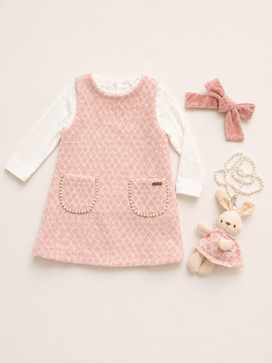 Girls knitted 2-piece dress set: pink knit pinafore over white long-sleeve, bow & charm