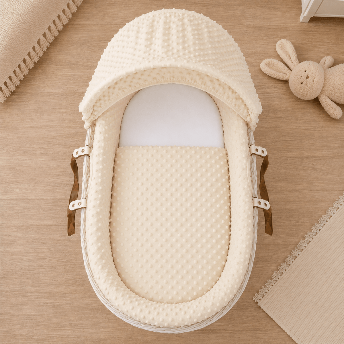 Cream dimple baby moses basket hood with textured panels and side ties