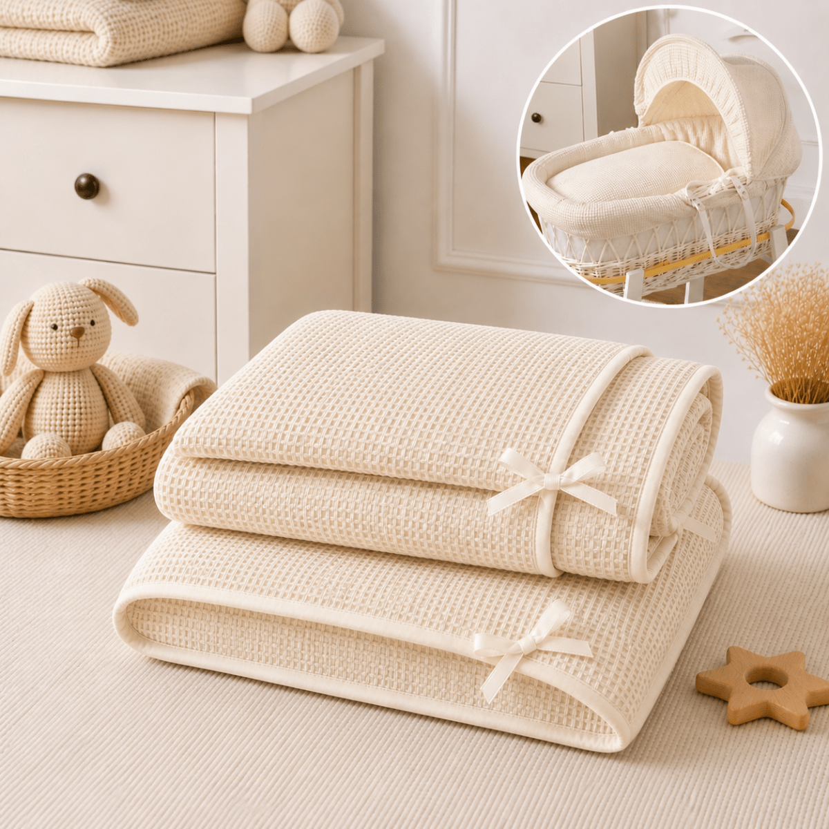 Cream waffle bedding quilt and blanket rolls with ribbon ties