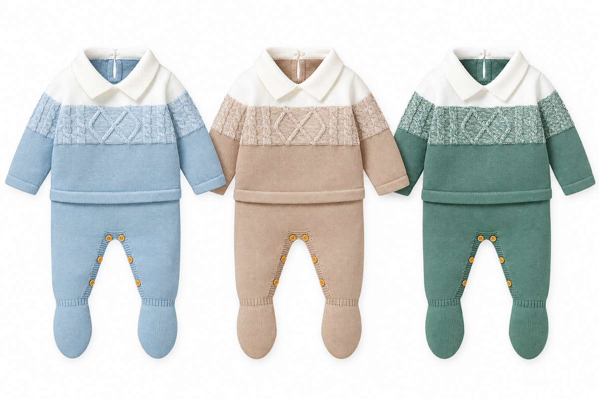 Baby Boys Knitted Collared Two Piece Set – Cable Knit Jumper & Footed Leggings *Online Product