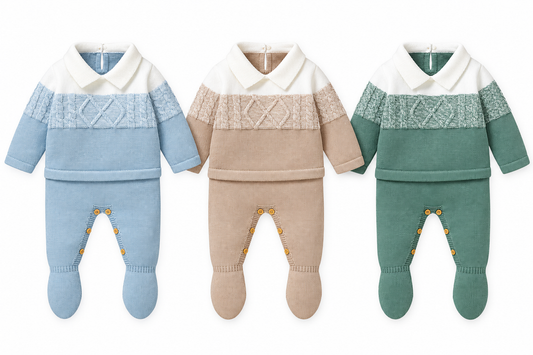 Baby Boys Knitted Collared Two Piece Set – Cable Knit Jumper & Footed Leggings *Online Product
