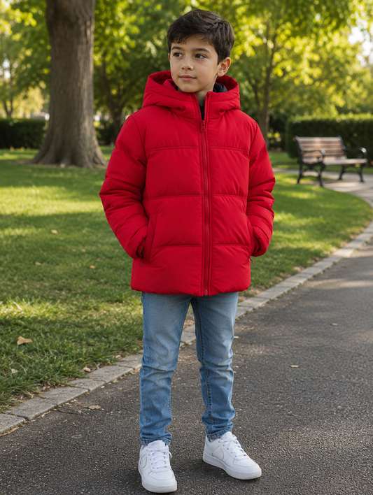 Boys Hooded Puffer Jacket – Red | Winter Coat | Ages 3–10