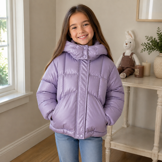 Girls lilac hooded puffer coat with full front zipper and side pockets
