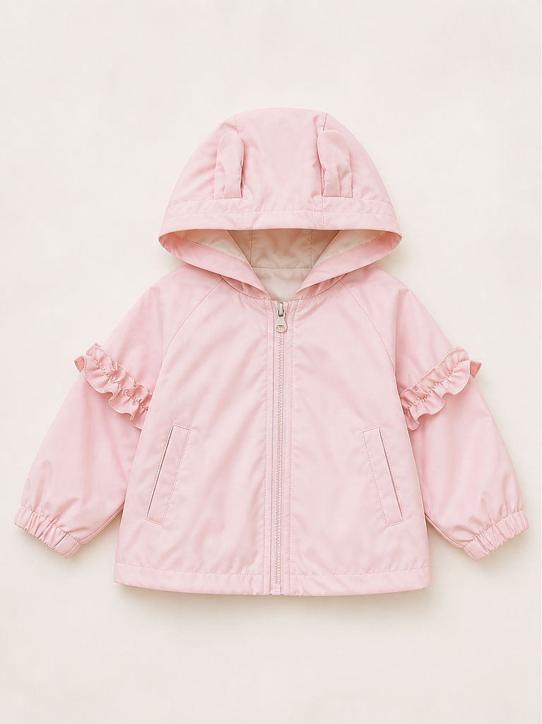 Girls hooded frill detail jacket, soft pink, full hood and front zip