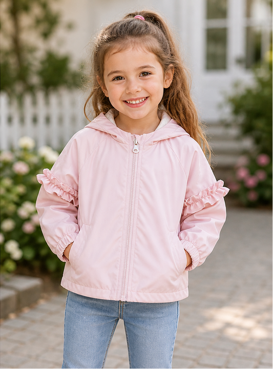 Girls Hooded Frill Detail Jacket – Soft Pink (Ages 2–7) *Online Product