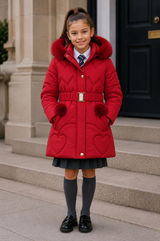 Girls red faux-fur hood pom puffer coat with belt, heart pockets and fur cuffs