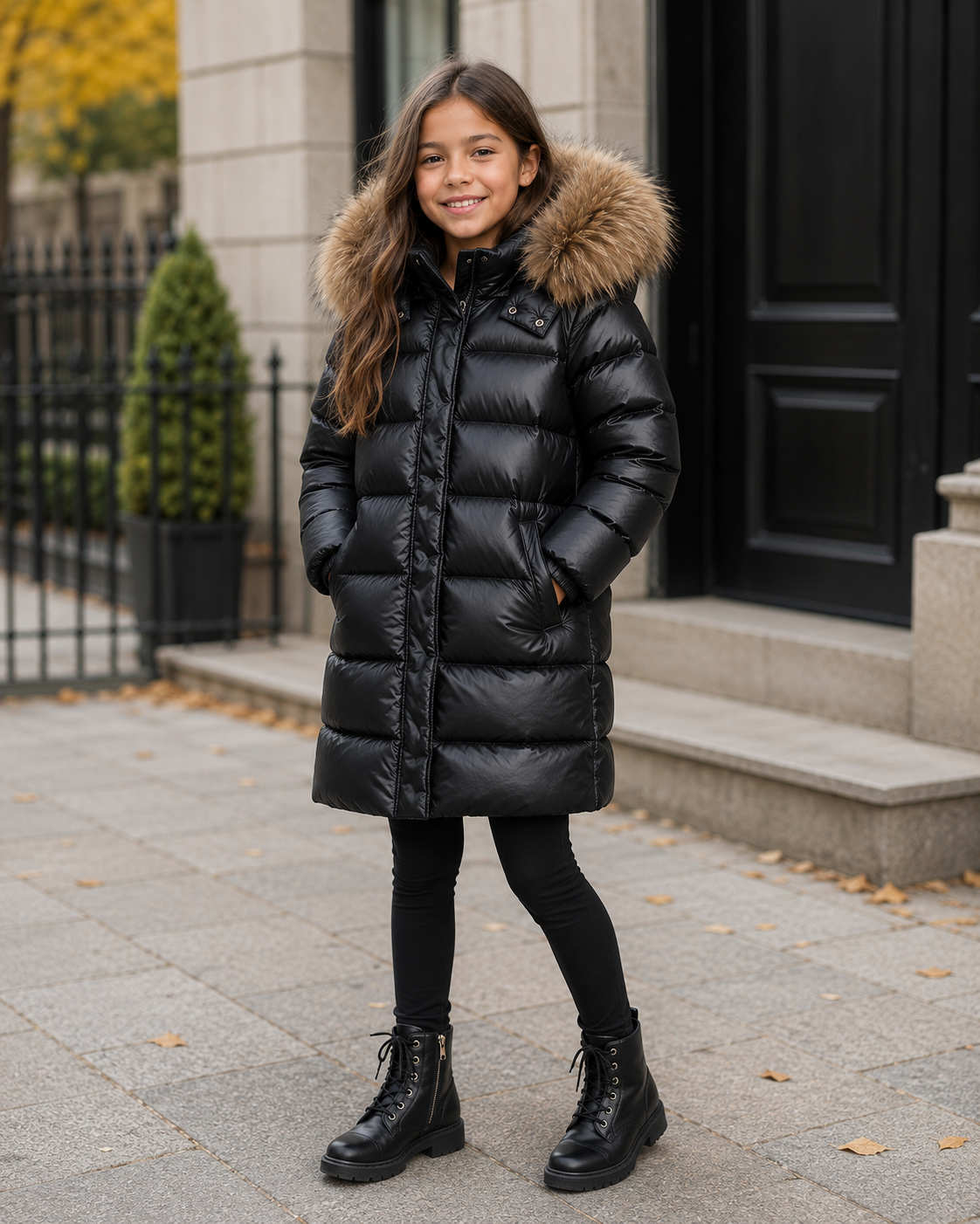 Girls Luxury 90% Duck Down Long Puffer Coat with Fur Hood | Black/Natural | 2–12 Years