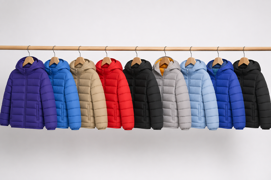 Boys lightweight waterproof hooded puffer jackets, multiple colors on display