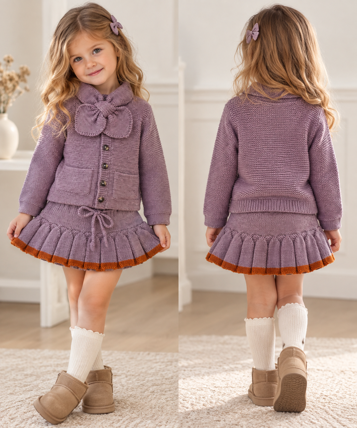 Girls lilac knitted cardigan and skirt set with bow detail and ruffled skirt hem trim