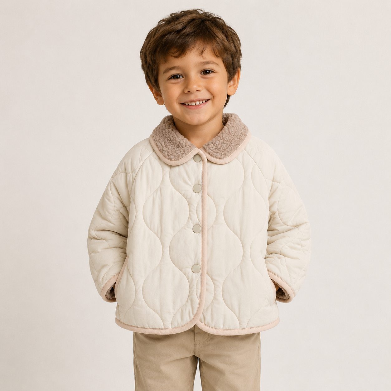 Child wearing a cream quilted jacket with a brown collar on a plain background