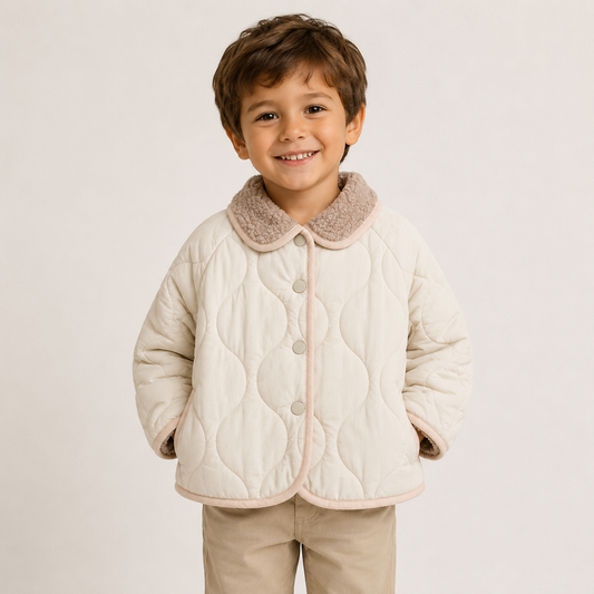 Steppjacke mit Teddykragen, cremefarben, Knopfleiste und gepolstertem Muster vorn