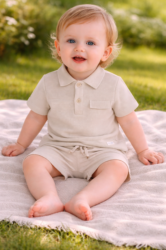 Baby sitting on a blanket outdoors with a blurred green background