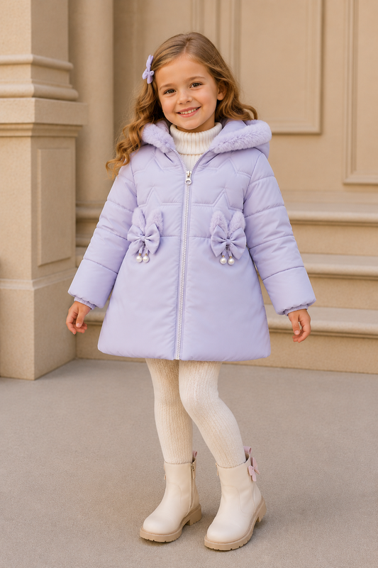 Girls Faux Fur Hooded Lilac Winter Puffer Coat | Warm Padded Jacket | Ages 2–6 *Online Product