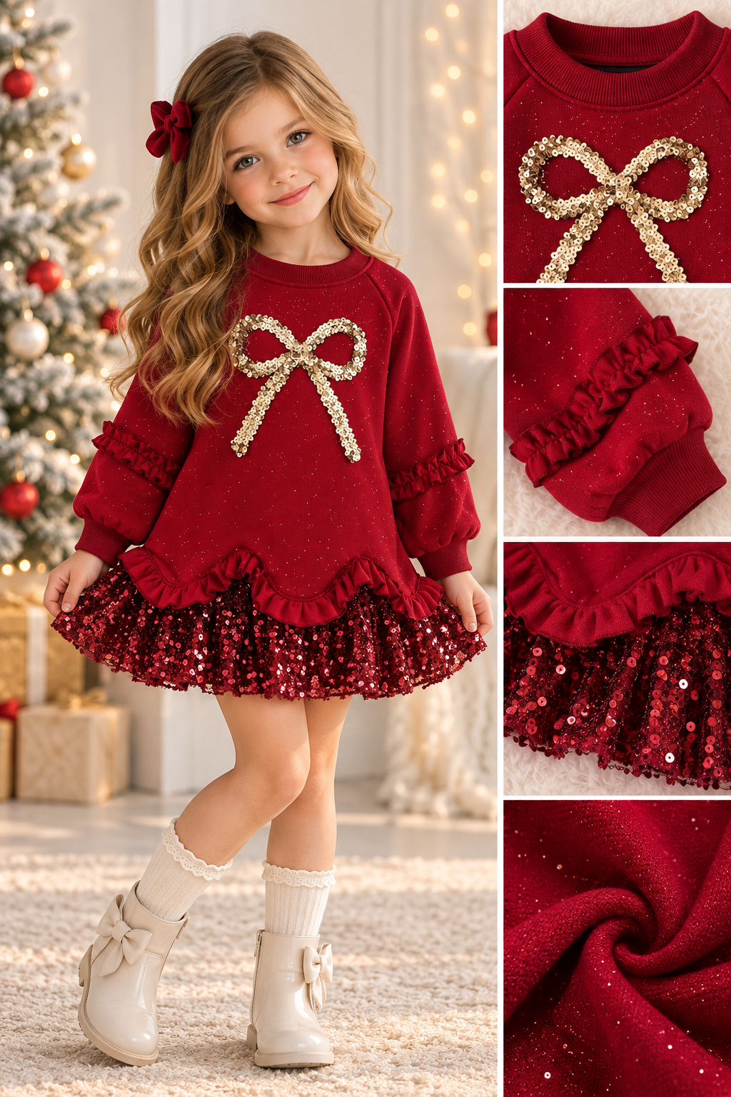 Girls Red Sequin Bow Christmas Dress – Party Dress Age 6–12 Years *Online Product