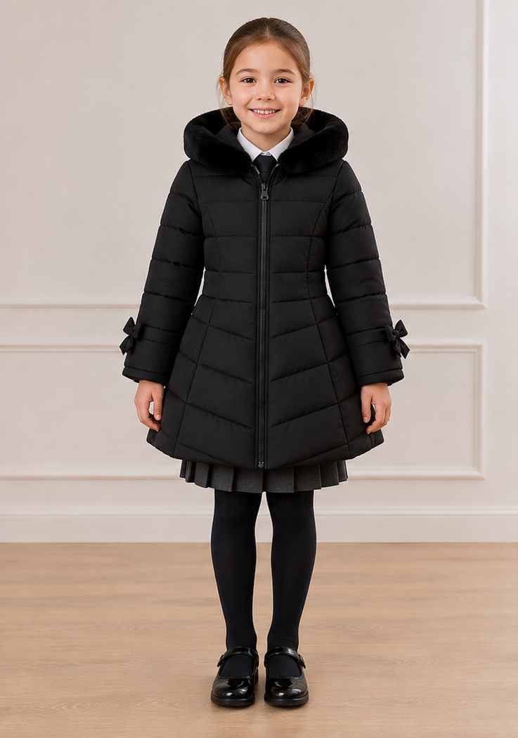 A young girl modeling a black quilted winter coat, shown from both the front and back views against a neutral indoor wall and wood floor.