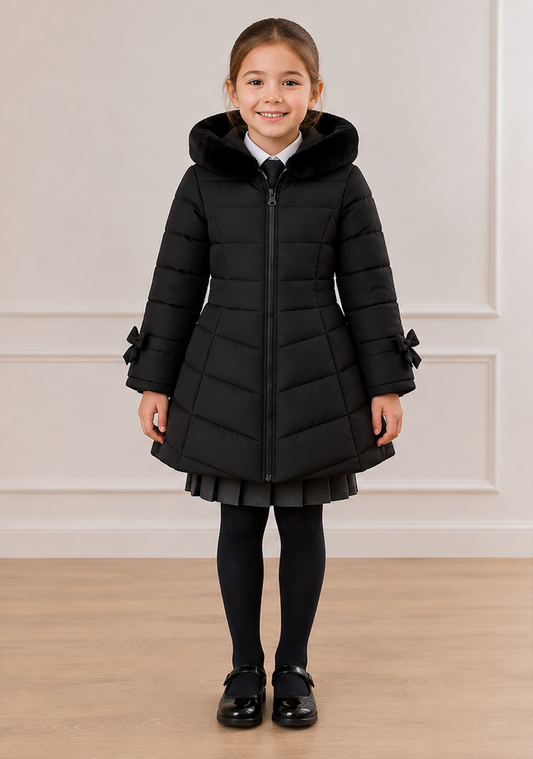 Black faux fur–trim hooded quilted peplum school coat, zip front, flared hem