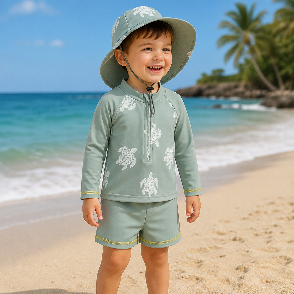Boys turtle print rash guard set with swim hat, light green with white turtle graphics