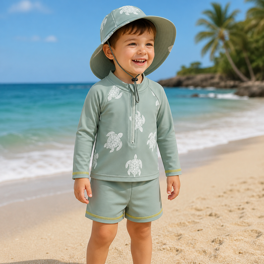 Boys turtle print rash guard set with swim hat, light green with white turtle graphics