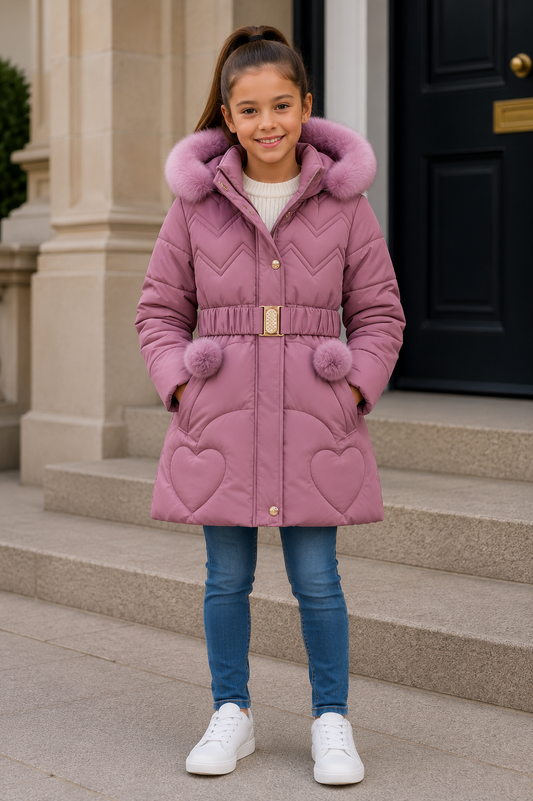 Girls plum faux-fur pom hooded puffer coat with waist belt and heart-shaped pockets