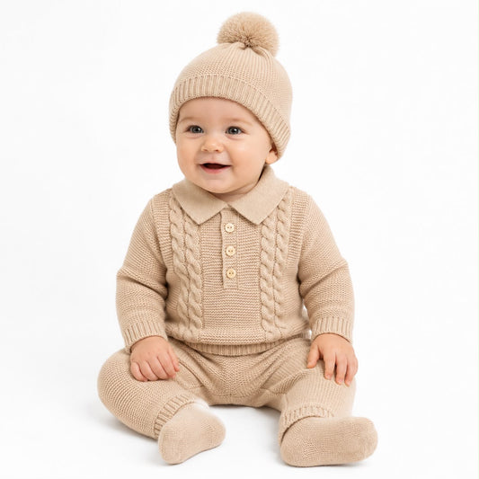 Kids knit pom hat, beige set with matching sweater and pants