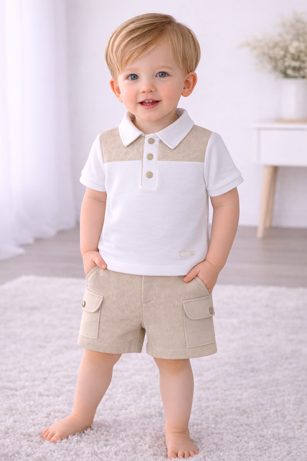 Baby boys polo & shorts set: white polo, beige yoke, button placket; beige cargo shorts