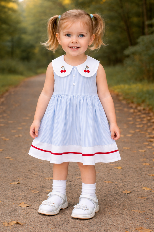 Girls blue striped summer dress with white collar, cherry embroidery, red hem trim