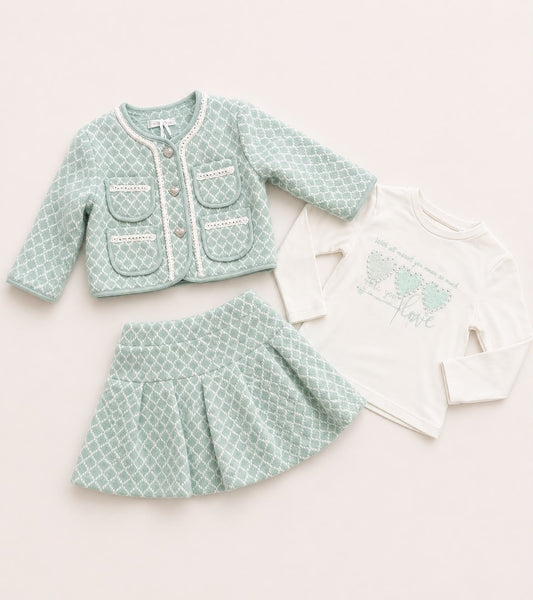 Girls mint green knitted 3-piece skirt set: jacket, pleated skirt, and long-sleeve top