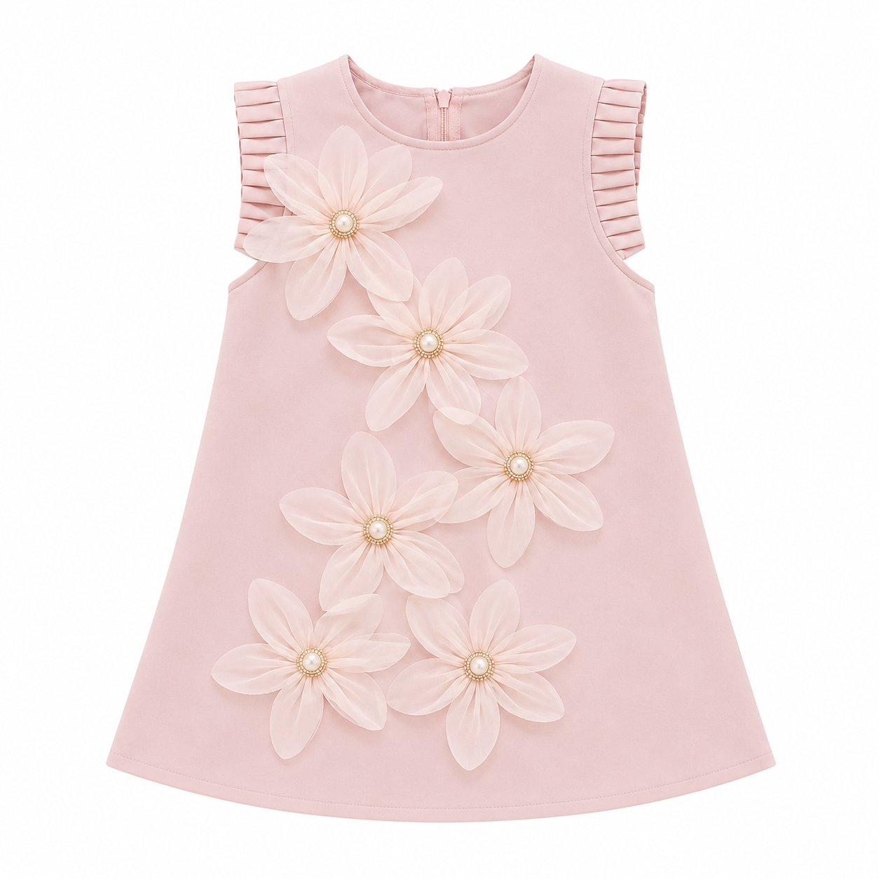 Pink sleeveless dress with ruffled cap sleeves and pearl-centered flower appliqués