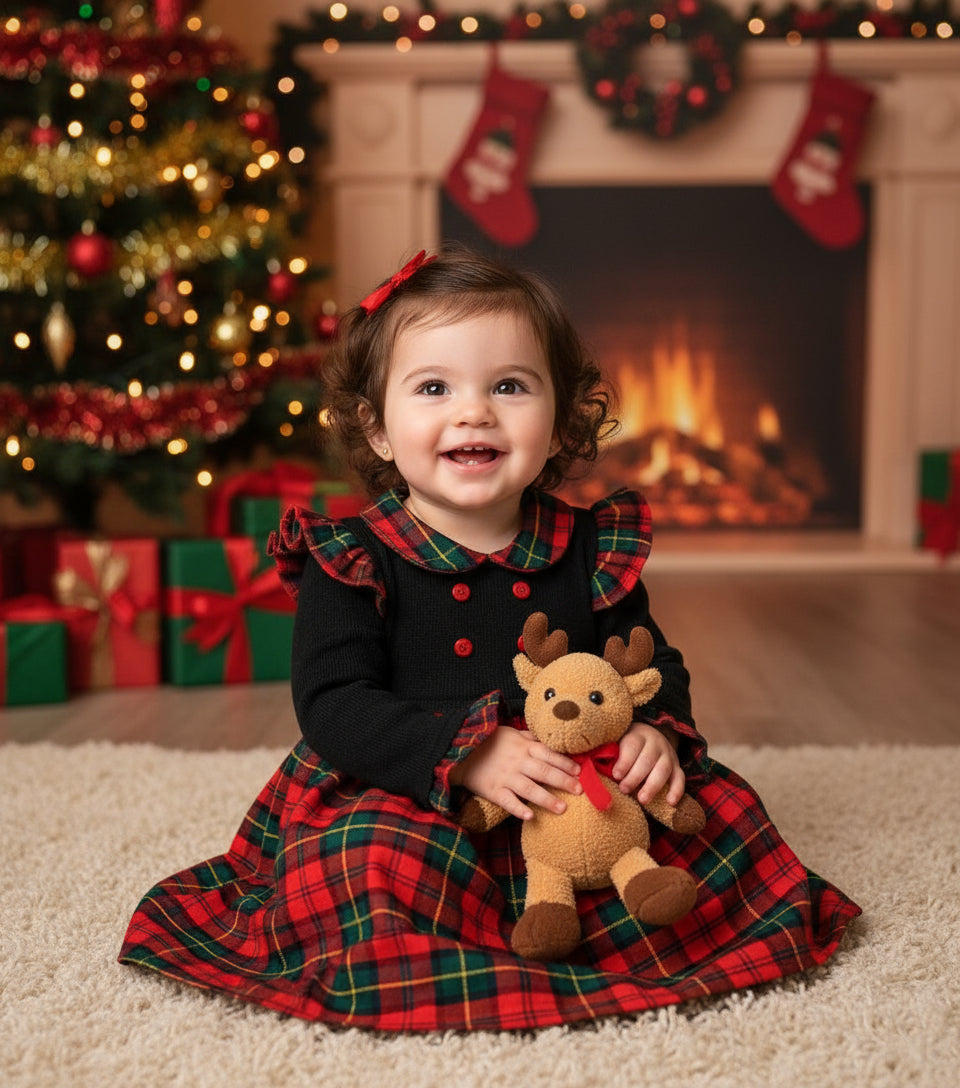 Girls knit dress with dark green bodice and red-green plaid skirt, long sleeves