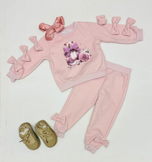 Pink kids perfume graphic jogging set with bow details on sleeves and cuffs