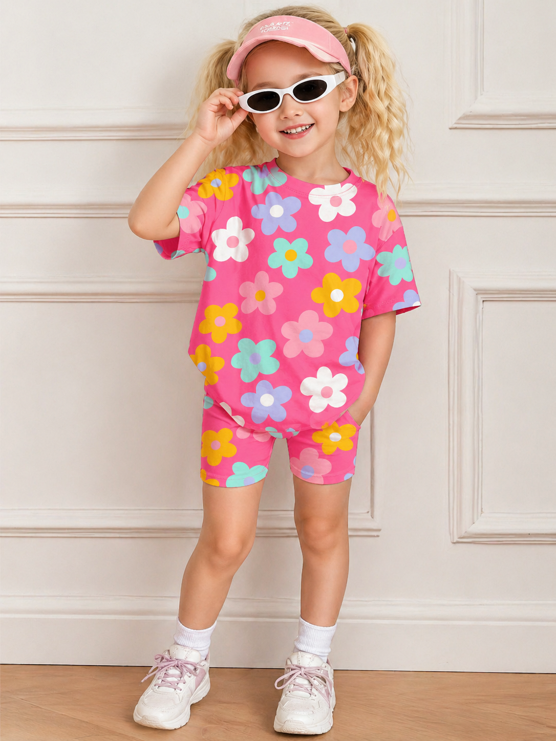 Girls floral short set, pink short-sleeve top and matching shorts with multicolor flower print