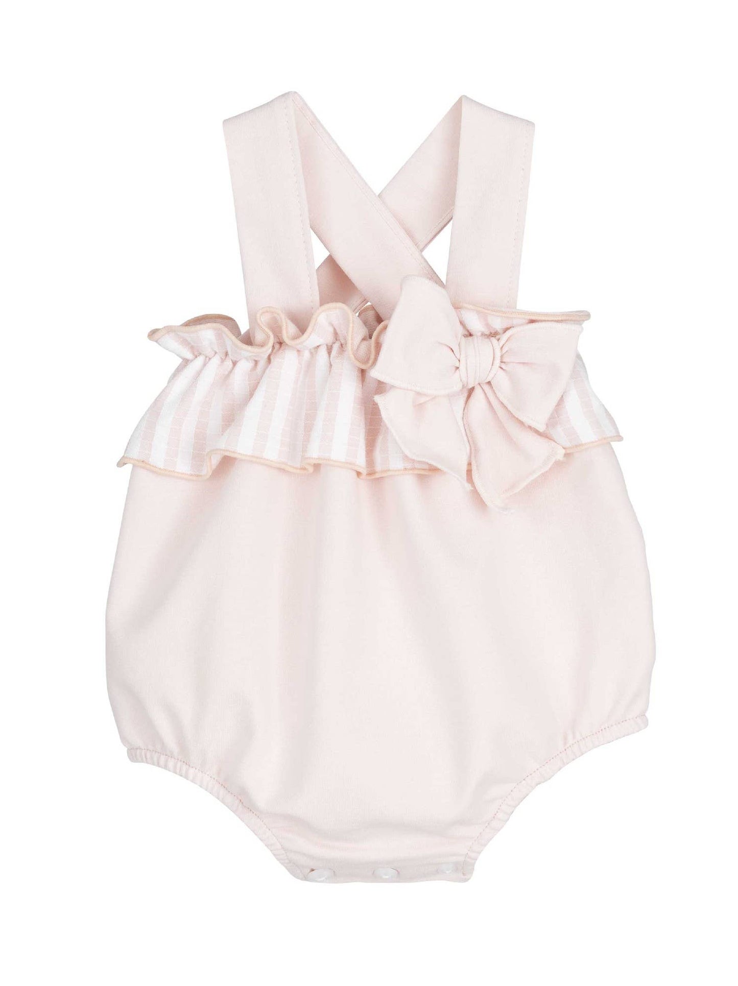 Pink baby dungaree with striped ruffle straps and bow front