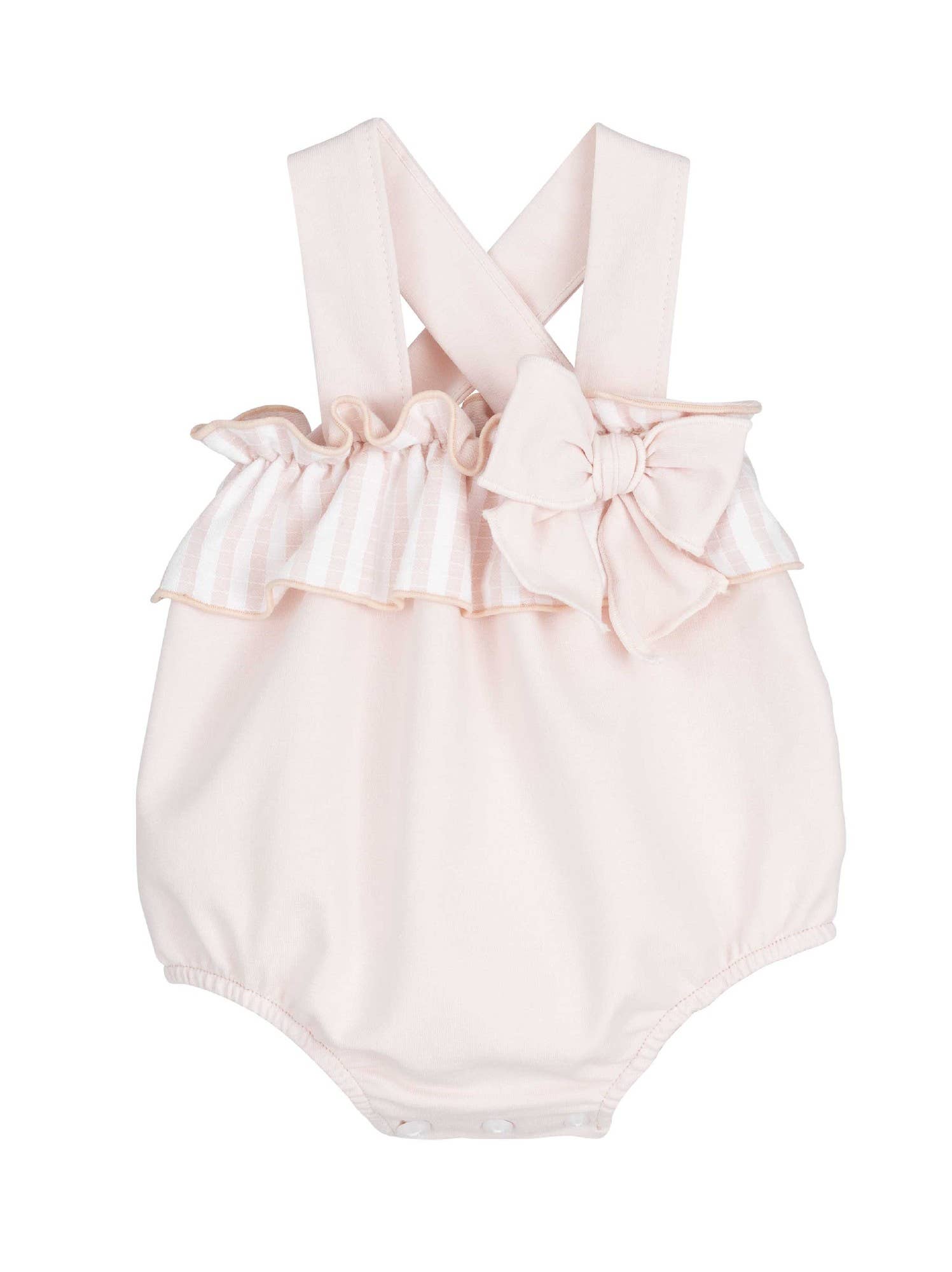 Pink baby dungaree with striped ruffle straps and bow front