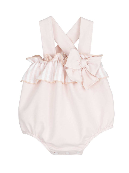 Pink baby dungaree with striped ruffle straps and bow front