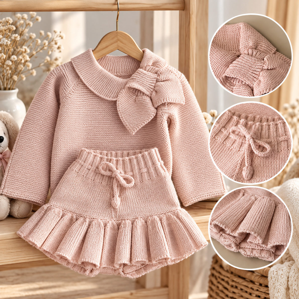 Girls dusky pink knitted bow top and shorts two piece set age 2-7 years