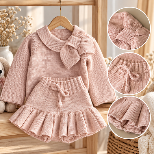 Girls dusky pink knitted bow top with ruffled hem and bow at collar