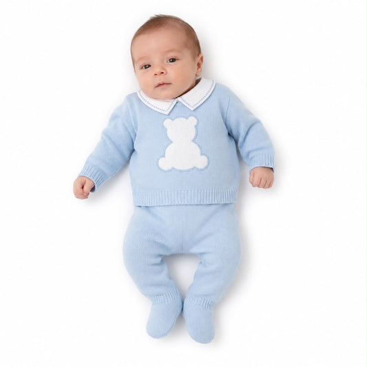 Kids light blue teddy bear applique sweater and matching knit pants set