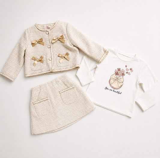 Giorgio Bambino tweed 3-piece skirt set with bow jacket, matching skirt, graphic long-sleeve top