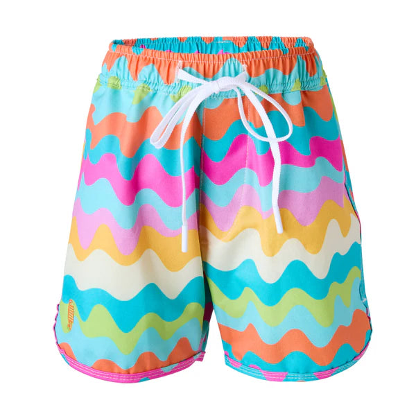 Boys rainbow wavy swim shorts, elastic waistband and white drawstring