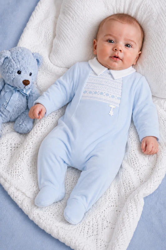 Blues Baby Boys Blue Velour Romper Bib & Hat *Preorder