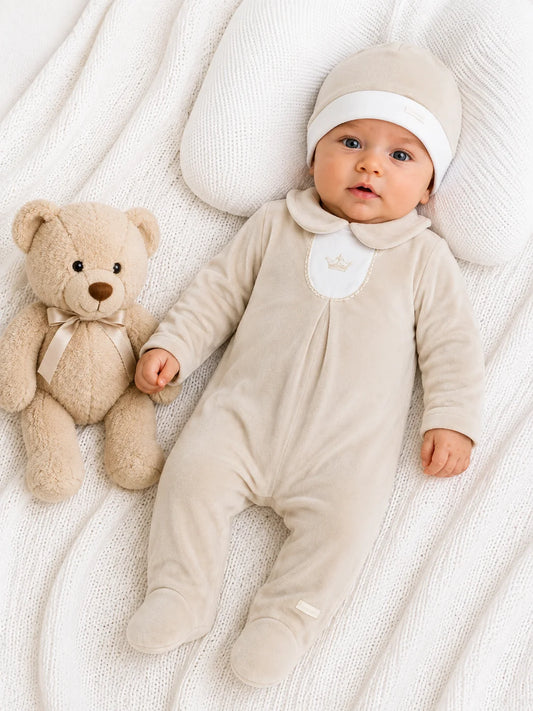 Blues Baby Boys Beige Velour Romper & Hat *Preorder